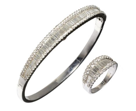 A DIAMOND BANGLE AND RING EN SUITE  with three rows of baguette and brilliant cut diamonds, in 18ct white gold, London 2003 a