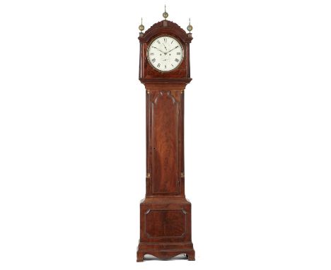 AN ENGLISH MAHOGANY EIGHT DAY LONGCASE CLOCK, C1810 the round painted dial with two subsidiary dials, pierced steel hands and