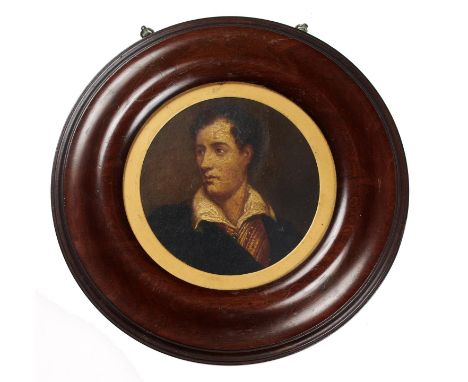 19TH CENTURY FOLLOWER OF THOMAS PHILLIPS PORTRAIT OF LORD BYRON, C1813  head and shoulders, oil on canvas, laid down, 10cm di