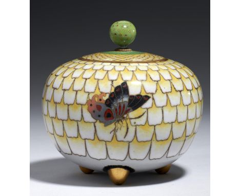 A JAPANESE CLOISONNE ENAMEL KORO AND COVER, MEIJI PERIOD  with butterflies and lappets, 10cm hGood condition, no restoration 