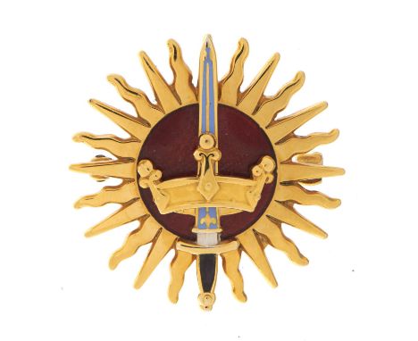 A GOLD AND WHITE AND RED GUILLOCHE ENAMEL LADY'S BROOCH OF THE IMPERIAL SOCIETY OF KNIGHTS BACHELOR   3cm, by Garrard & Co Lt