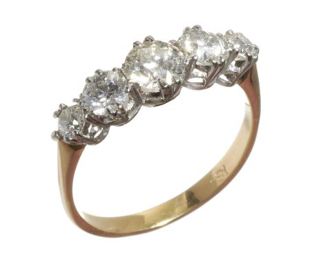 A DIAMOND FIVE STONE RING  with old cut diamonds, gold hoop marked 18c, 2.7g, size NLight wear 