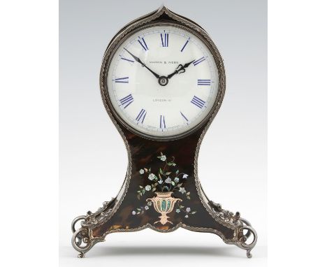 AN EDWARD VII SILVER AND GOLD, MOTHER OF PEARL AND ABALONE INLAID TORTOISESHELL INSET BALLOON CLOCK, RETAILED BY MAPPIN & WEB