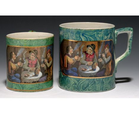 TWO F & R PRATT TYPE MALACHITE GROUND MUGS, C1860 pint and half-pint with one or two colour prints, the larger with sandblast