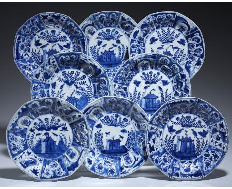 EIGHT CHINESE EXPORT PORCELAIN MOULDED OCTAGONAL PLATES,  QING DYNASTY, 18TH C  similarly painted with a house with central c