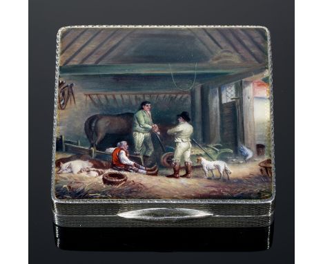 A CONTINENTAL SILVER AND ENAMEL COMPACT  the lid painted in the manner of George Morland with three rustics in a barn, the gi