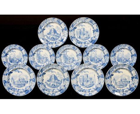 A SET OF ELEVEN DON POTTERY BLUE PRINTED EARTHENWARE ITALIAN AND SICILIAN VIEWS SERIES PLATES, C1830  in two sizes, various v