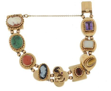 A MULTI GEM BRACELET  the nine vari shaped links set with amethyst, opal, tiger's eye, citrine, ruby, hardstone cameo, coral,