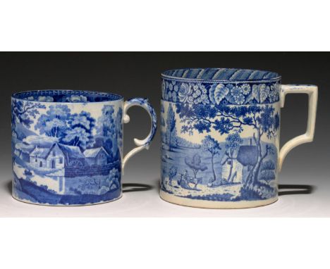 TWO BLUE PRINTED EARTHENWARE PORTER MUGS, C1830 with Bisham Abbey or milkmaid print, 11 and 13.5cm hDescending hairline crack