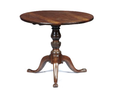 A GEORGE III MAHOGANY TRIPOD TABLE, C1770 the associated figured top on baluster pillar with fluted knop and moulded legs, 71