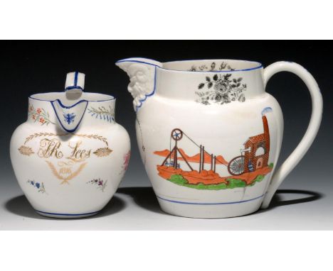 AN UNUSUAL BONE CHINA MASK LIP PUZZLE JUG, DATED 1832 printed and painted to either side with a pithead scene, including engi