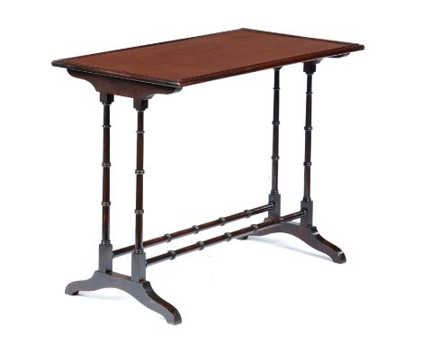 A REGENCY MAHOGANY TABLE the rectangular top on ring turned, coupled standards united by stretchers, 72.5cm h; 50 x 91cmOld r