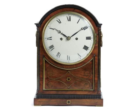 A GEORGE IV MAHOGANY, EBONY AND BRASS INLAID BRACKET CLOCK, C1825  with painted dial, pierced steel hands and twin fusee move