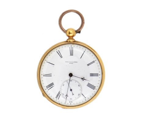 A SWISS GOLD LEVER WATCH, c1870   unsigned, No 10414 Demi Chronometre, with enamel dial, fine blued steel hands, engine turne