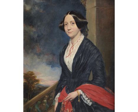 ENGLISH SCHOOL, MID 19TH C PORTRAIT OF A LADY three quarter length in a black dress, oil on millboard, 43 x 35cmRequires a cl