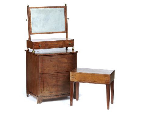 A REGENCY MAHOGANY AND LINE INLAID DRESSING MIRROR AND CONTEMPORARY SIMILAR COMMODE AND BIDET AND LID, C1825 the latter with 