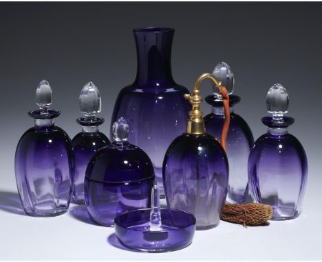 A FRENCH AMETHYST GLASS DRESSING TABLE SET, C1930  including a scent bottle with giltmetal atomiser attachment, 13cm hGood co