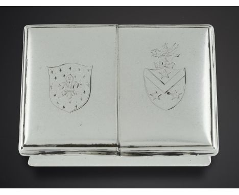 A GEORGE III SILVER DOUBLE SNUFF BOX, C1765  with bombe sides and divided interior, each lid engraved with armorials, the und