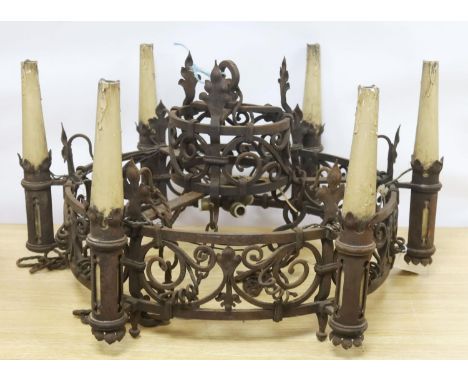 A Neo Gothic wrought iron six light ceiling light 75cm