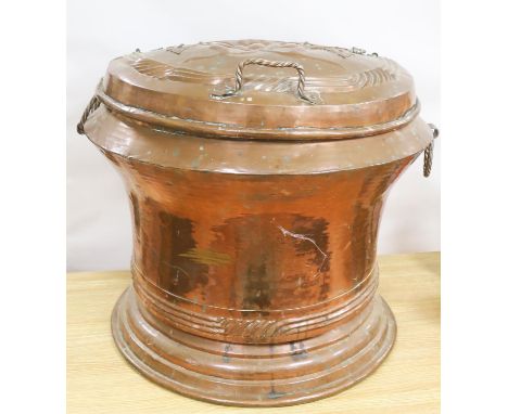 A large French provincial Art Nouveau copper lidded bin with handles 57cm