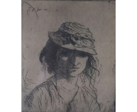 Augustus John (1878-1961), etching, Girl wearing a straw bonnet, signed in pencil, 7.25 x 6.25cm