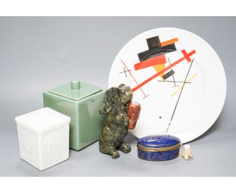 A Suprematist style porcelain plate, 24cm, a powder blue trinket box, two jars and covers and a hardstone figure of a rabbit