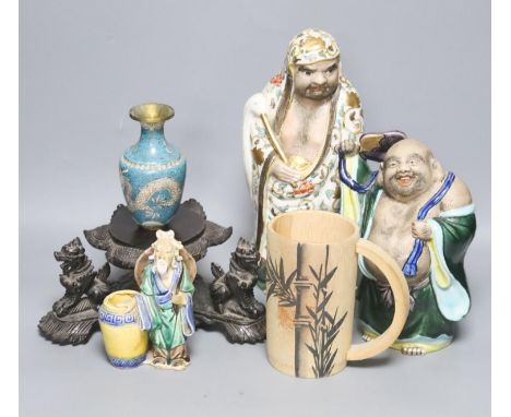 A group of Chinese and Japanese ceramics, a cloisonné enamel vase and a Burmese wood stand, tallest 27 cm