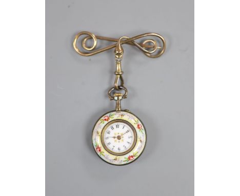 An early 20th century continental sterling and enamel open face fob watch, on a gilt metal serpent suspension brooch.
