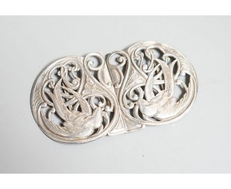 A George V Art Nouveau Liberty &amp; Co pierced silver belt buckle, Birmingham, 1911, overall width 10.9cm.