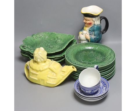 Victorian green majolica leaf dessert wares, Art Deco "Old Lady who lived in a Shoe" yellow teapot and a Toby jug