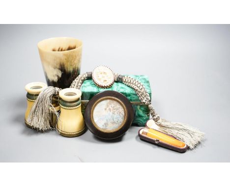 A malachite box, snuff box, miser purse etc, patent leather case, opera glasses