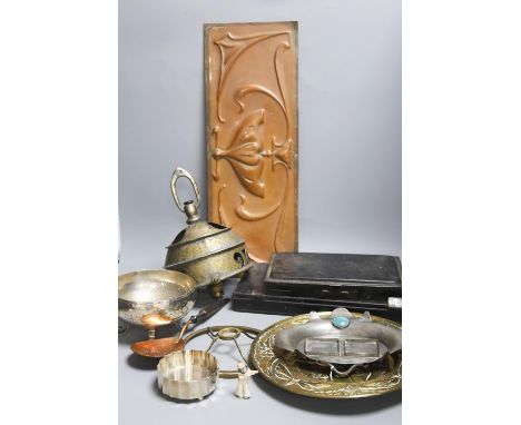 An Arts and Crafts metal light fitting and similar sundry metalware