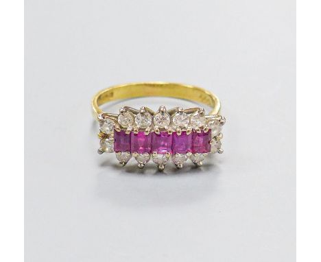 A modern 18ct gold, ruby and diamond half hoop cluster ring, size Q, gross weight 4.5 grams.