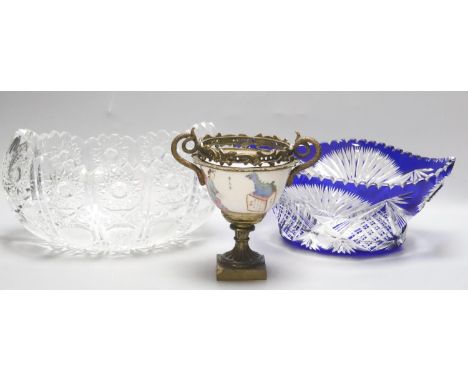 Two cut glass bowls and a Chinese brass mounted cup, 16cm