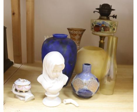 Mixed ceramics, overlaid glass vase and a Victorian oil lamp