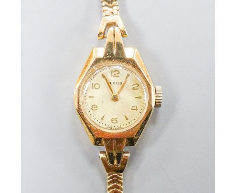 A lady's 9ct gold Vertex manual wind wristwatch on 9ct gold close flexible link bracelet, gross weight, 17.8 grams.