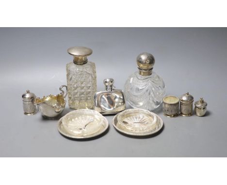 Mixed small silver including pair of silver dishes with glass liners, a silver hip flask, silver cream jug, scent bottles etc