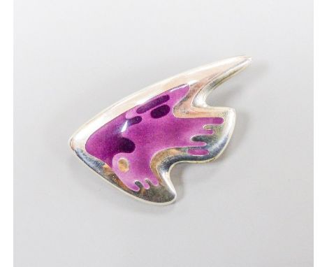 A Henning Koppel for Georg Jensen sterling and two colour mauve enamel stylised fish brooch, no. 307, 61mm.