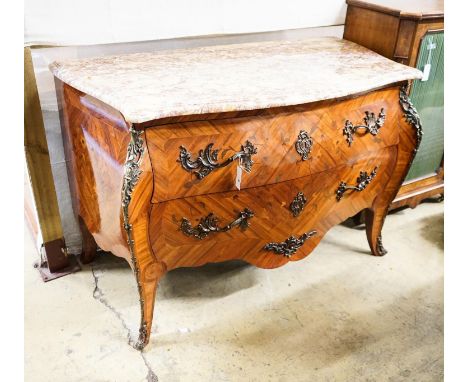 A Louis XV Design marquetry inlaid Kingwood marble top bombe commode, width 120m, depth 64cm, height 84cm