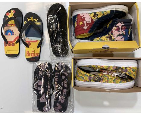 A collection of Beatles footwear that includes a pair of Yellow Submarine Classic Vans (size 8), a Pair of Yellow Submarine V