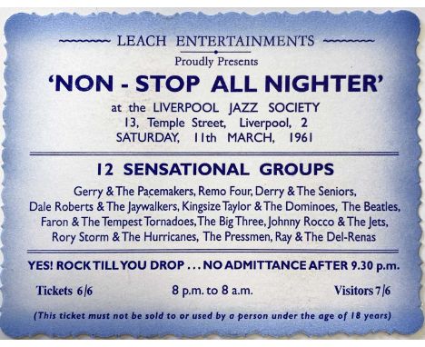 An original card ticket for an 11th March 1961 'Non-Stop All Nighter' at the Liverpool Jazz Society featuring The Beatles, Ro