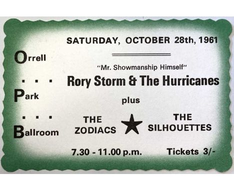 Rare ticket for a Rory Storm &amp; The Hurricanes gig at the Orrell Park Ballroom on Saturday October 28th 1961. Also on the 