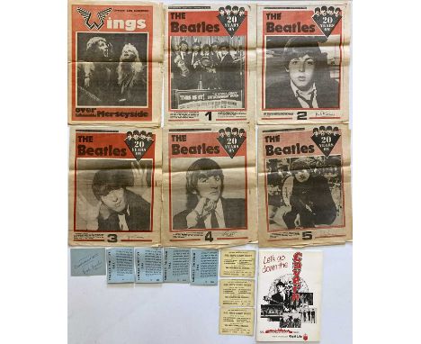 A collection of Beatles related ephemera: a card ticket for a Rolling Stones concert at the Tower Ballroom, New Brighton 10th