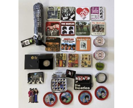 Assorted Beatles collectables inc many officially licensed Apple products: 2007 A Hard Day's Night alarm clock, Royal Mint 'G