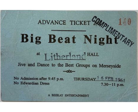 An original printed card ticket for a 'Big Beat Night' at Litherland Town Hall, Liverpool. The Beatles performed at this even