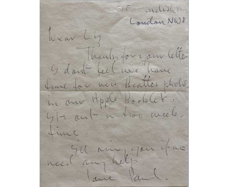 A handwritten note by Paul McCartney likely circa 1968 (with the mention of an 'Apple booklet') with 7 Cavendish Avenue, Lond
