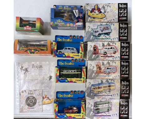 A collection of 13 Corgi/Die-cast Models, we have one set that is a collection of 6 The Beatles Corgi Classics: Model Numbers