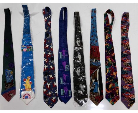 A funky collection of twelve mostly official Beatles Apple Corps ties including Labels from The Yellow Submarine and John Len