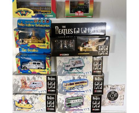 A collection of ten Corgi/Die-cast Beatles Models to include The Beatles Corgi Classics, Yellow Submarine, Magical Mystery To