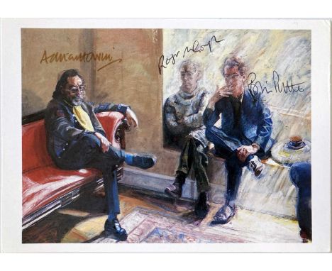 A colour postcard from the National Portrait Gallery depicting 'The Liverpool Poets' by Peter Edwards and signed in various i